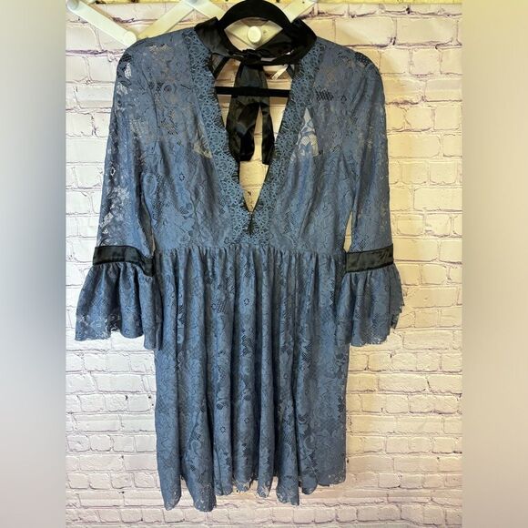 Free People Gilded Victorian Dusty Blue Black Satin Ribbon Trim Lace Dress S - Picture 1 of 16